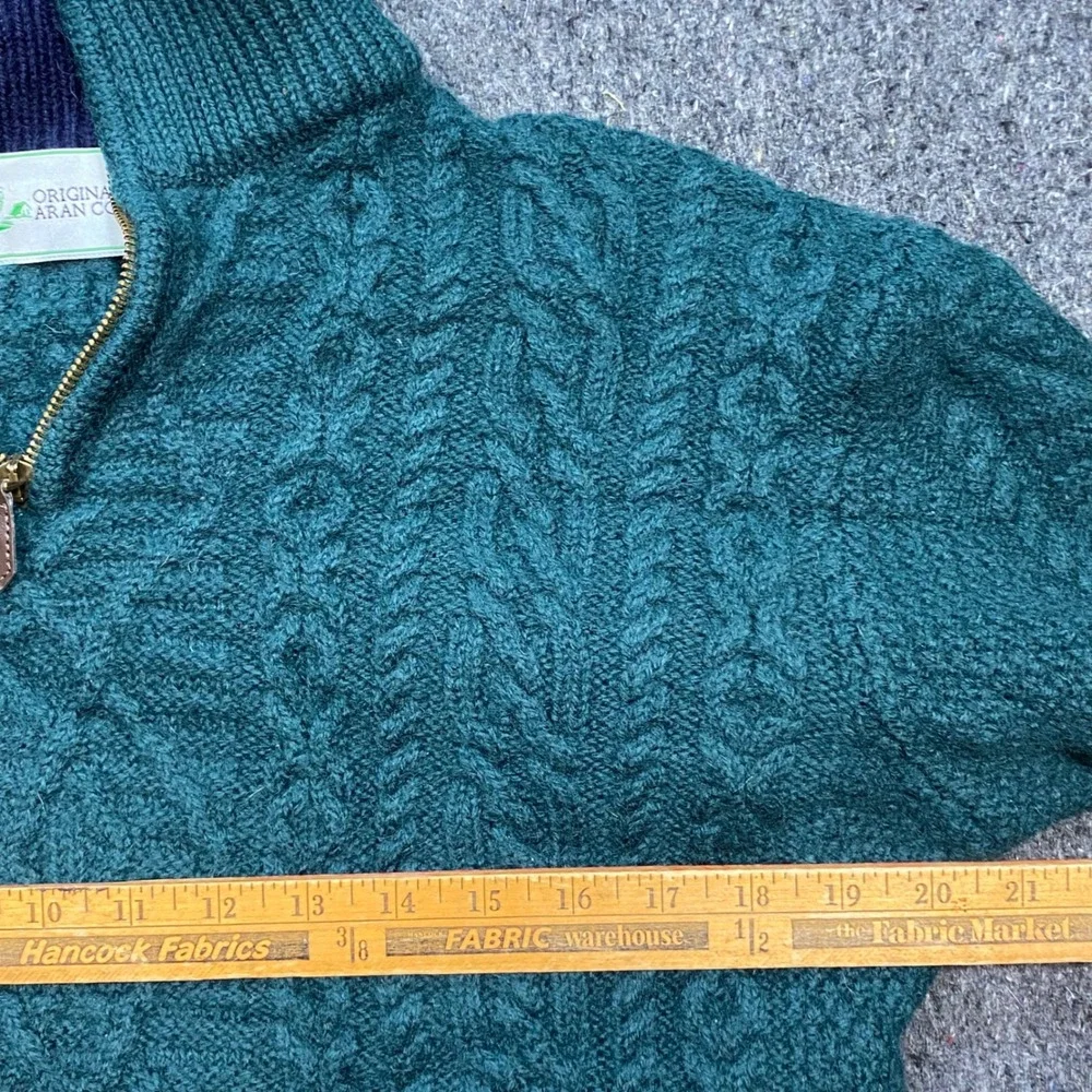 Original Aran Co Quarter Zip Sweater Sz L Men Green Merino Wool Cable Knit Irish